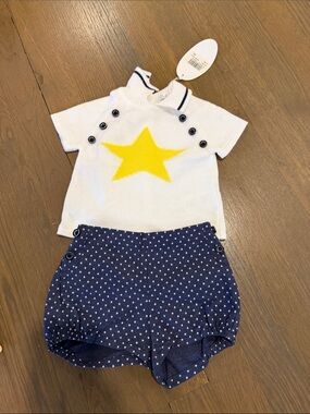 Kids White Star Knit Top & Navy Polka Dot Shorts Set